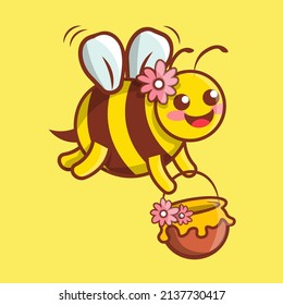 Cartoon style vector illustration of bee with honey.