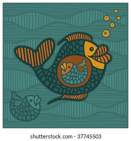 Cartoon style vector illustration of big fish which have eaten the small fish.