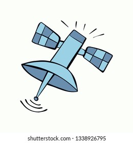 Cartoon style vector illustration of blue sattelite. Great design elements for sticker, card, print or poster. Unique and fun icon drawing isolated on white background. Technology, communication