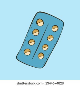 Cartoon style vector illustration of blue, beige pills. Great design elements for sticker, card, print or poster. Unique doodle drawing isolated on background. Medicine, healthcare
