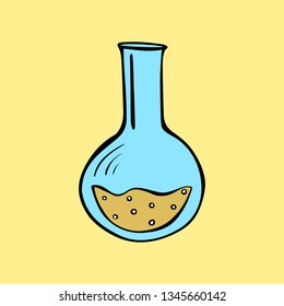 Cartoon style vector illustration of blue laboratory flask. Great design elements for sticker, card, print or poster. Unique doodle drawing isolated on yellow background. Biology, medicine, chemistry