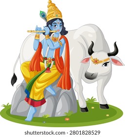 Cartoon style vector illustration of a blue deity playing flute beside a white cow.