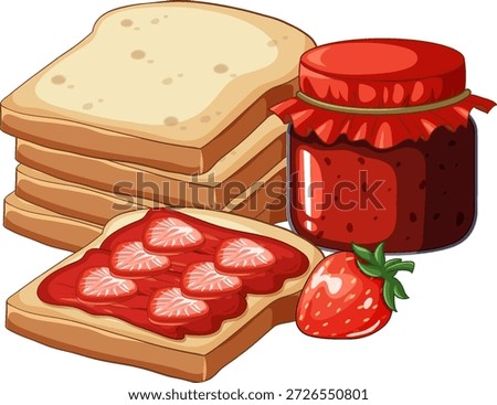 Cartoon style vector illustration of bread slices, strawberry jam jar, and fresh strawberry fruit
