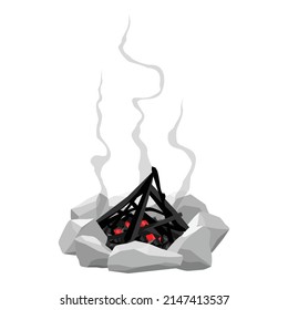 Cartoon style vector illustration of campfire, bonfire isolated on white background. Burned down campfire