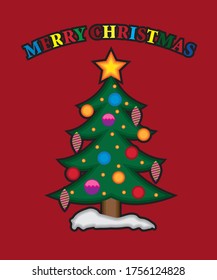 Cartoon style vector illustration of a Christmas tree with a Merry Christmas message