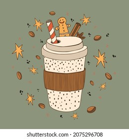 Cartoon style vector illustration with coffee latte and gingerbread man