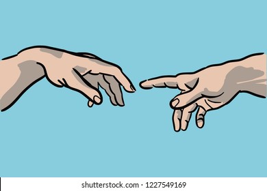 Cartoon style vector illustration of the creation of Adam by Michelangelo Buonarroti - hands detail