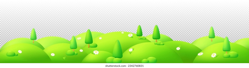 Dibujo vectorial estilo caricatura de una linda pradera verde en primavera, escena 3D al aire libre con colinas, flores y árboles. Ideal para diseños y banners ecológicos. Antecedentes transparentes del valle