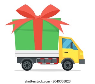 Cartoon style vector illustration of delivery truck with big gift. Truck is isolated on white background