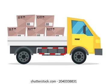 Cartoon style vector illustration of delivery truck with cardboard boxes. Truck is isolated on white background