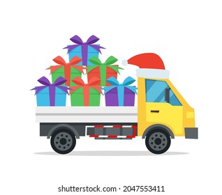Cartoon style vector illustration of delivery truck with santa hat and bunch of christmas presents. Truck is isolated on white background