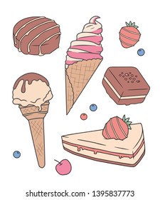 Cartoon style vector illustration dessert mix drawings with strawberry cheese cake, ice cream in cone, chocolate pralines and fruits