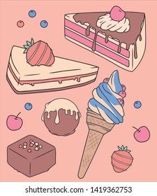Cartoon style vector illustration dessert mix drawings with strawberry cheesecake, soft serve ice blueberry cream in cone, glazed chocolate pralines and fruits