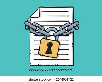 Cartoon style vector illustration of document file locked with chains and padlock