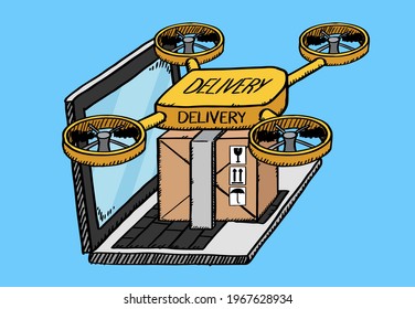 Cartoon style vector illustration of drone delivery service. The drone delivers the package directly to the laptop of the customer.