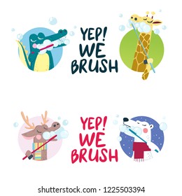 Cartoon style vector illustration with four different animals enjoying brushing their teeth and a motivational quote