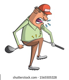 Cartoon style vector illustration of a frustrated caucasian male golfer screaming, spitting and bending his club on his knee out of anger.