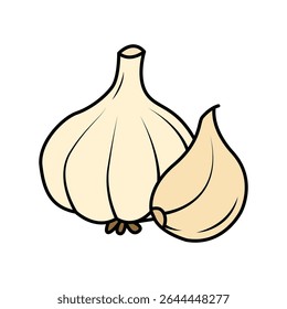 A cartoon style vector illustration of a garlic bulb and clove, perfect for culinary designs, recipes, and food-related projects. Isolated on white.