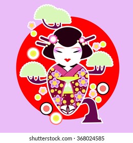 Cartoon style vector illustration of geisha. Japan. Eastern culture. Traditions. Kimono.