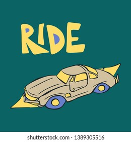 Cartoon style vector illustration of gray car with yellow han drawn lettering Ride. Great design elements for sticker, card, print or poster. Unique and fun drawing isolated on dark blue background