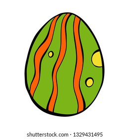 Cartoon style vector illustration of green, red and yellow easter egg. Great design elements for icon, sticker, card, print, poster. Unique, fun drawing isolated on white background. Holiday concept