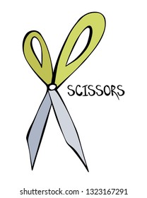 Cartoon style vector illustration of grey, green scissors with black lettering. Great design elements for sticker, card, print or poster. Unique and fun drawing isolated on white background