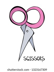 Cartoon style vector illustration of grey, purple scissors with black lettering. Great design elements for sticker, card, print or poster. Unique and fun drawing isolated on white background