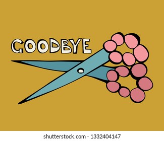 Cartoon style vector illustration of grey, pink scissors with white lettering. Great design elements for sticker, card, print or poster. Unique and fun drawing isolated on yellow background