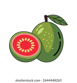 A cartoon style vector illustration of a guava fruit, perfect for tropical designs, healthy recipes, and food-related projects. Isolated on white.
