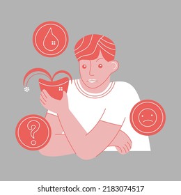 Cartoon style vector illustration of a guy holding a dying plant