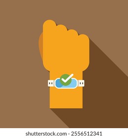 Cartoon style vector illustration of a hand with a smart watch displaying a check mark icon on the screen, on a brown background