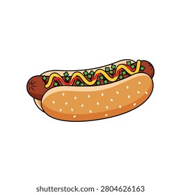 Cartoon style vector illustration of a hot dog with mustard and relish fastfood streetfood delicious american