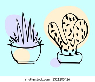Cartoon style vector illustration of house plants with pink, purple spots. Great design elements for sticker, card, print or poster. Unique and fun drawing isolated on blue background. Doodle set