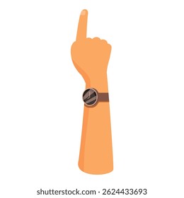 Cartoon style vector illustration of a human hand wearing wristwatch pointing up with its index finger
