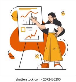 Cartoon style vector illustration isolated on white background. Communication technology corporate. Modern banner of business strategy. Innovation technology of teamwork. Business woman character.