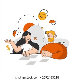Ilustración vectorial de estilo caricatura aislada en fondo blanco. Empresa de tecnología de la comunicación. Banner moderno de estrategia de negocios. Tecnología de innovación del trabajo en equipo. Carácter de gente de negocios.