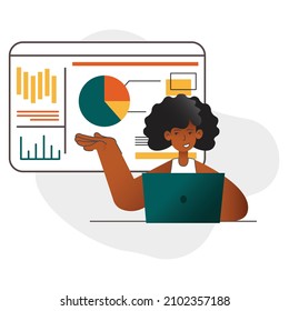 Ilustración vectorial de estilo caricatura aislada en fondo blanco. Empresa de tecnología de la comunicación. Banner moderno de estrategia de negocios. chica en el trabajo. Carácter de mujer de negocios.