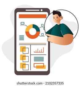 Cartoon style vector illustration isolated on white background. Technology corporate. Modern banner of asian boy  business strategy. Innovation technology of teamwork. Business man character.