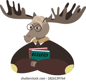 cartoon style vector illustration for kids, for education, study and school texts, moose scientist holding books and studies Zoology , funny forest animal with books, white background, elk, 