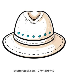 A cartoon style vector illustration of a light beige fedora hat decorated with a row of small turquoise diamond shaped embellishments around the crown.