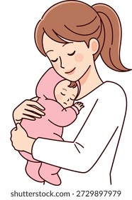 Cartoon style vector illustration of a loving mother holding her newborn baby asleep on her chest. Motherhood, parental love, and childcare concept.