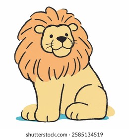 A cartoon style vector illustration of a majestic lion with a flowing mane, sitting proudly, drawn in a playful and artistic hand drawn style, isolated on a white background.