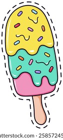 Cartoon style vector illustration of a melting ice cream popsicle with three flavors and colorful sprinkles, surrounded by a dashed outline, representing a cute and playful summer treat