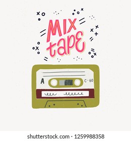 Cartoon style vector illustration with an old school cassette tape and Mix Tape hand lettering. Great design element for sticker, patch or poster. Unique and fun drawing and inscription.