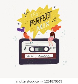 Cartoon style vector illustration with an old school cassette tape, small people sitting on it and The Perfect Mix handwritten phrase. Great design element for sticker, patch or poster.