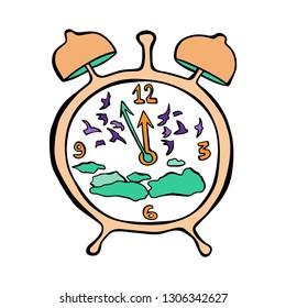 Cartoon style vector illustration orange alarm clock with turquoise clouds and purple birds. Great design element for sticker, patch or poster. Unique surreal and fun drawing