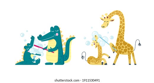Cartoon style vector illustration of a parent crocodile and giraffe brushing their child teeth with toothbrushes and lots of bubbles. Parent animals are standing over their sitting children.
