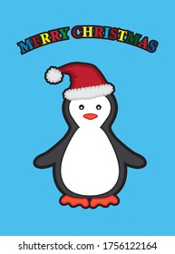 Cartoon style vector illustration of a penguin wearing a Santa hat with a Merry Christmas message