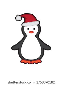 Ilustración vectorial de estilo caricaturista de un pingüino con sombrero Santa