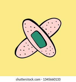 Cartoon Style Vector Illustration Of Pink, Green Band Aid. Great Design Elements For Sticker, Card, Print Or Poster. Unique Doodle Drawing Isolated On Yellow Background. Medicine, Healthcare